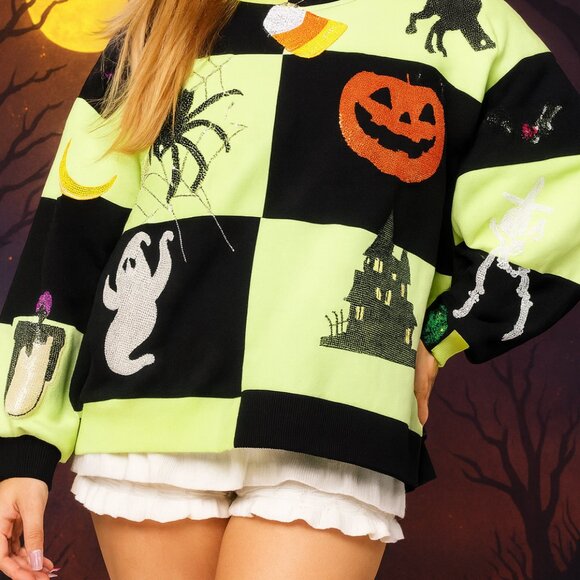 QUEEN OF SPARKLES Tops - NWT Queen Of Sparkles Light Green and Black Checkered Halloween Icon Sweatshirt